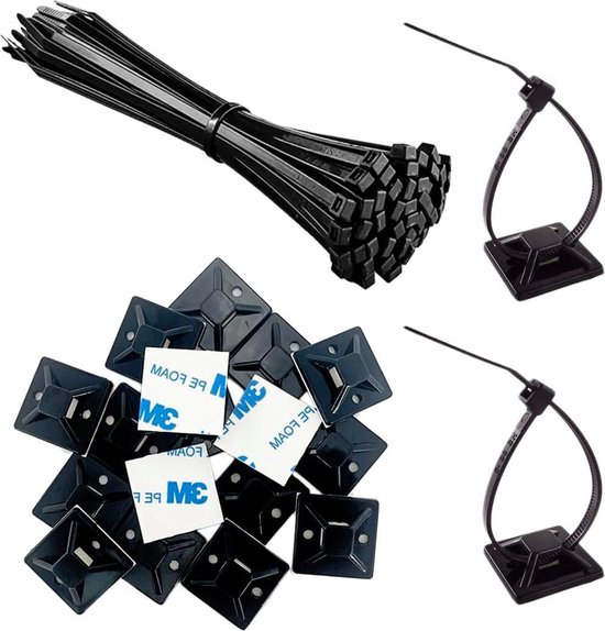 Kabelclips, zelfklevend, 50 stuks, zwart, kabelmanagement voor kabelorganizer in auto, kantoor en thuis (30 stuks × klein 20 stuks × groot