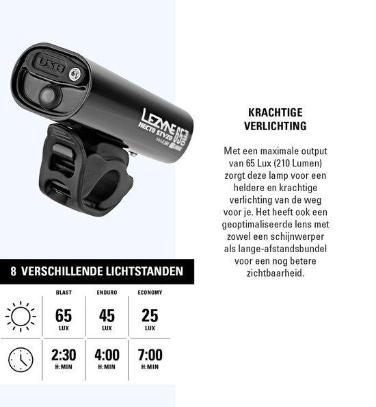Lezyne Hecto Drive StVZO 65 Lux Front - Micro-USB Oplaadbare Fietsverlichting - LED Fietslamp Voorlicht - Koplamp Fiets - CNC-gefreesd Aluminium - Zwart — afbeelding 4