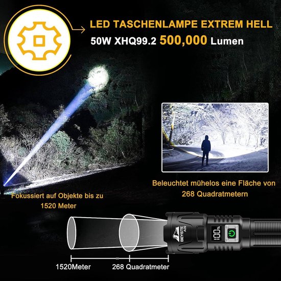 Lampe Torche Tactique LED – 50000000 Lumens – Rechargeable USB – Ultra Lumineuse – Noire