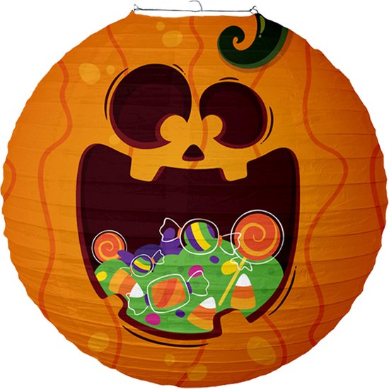 Oranje Halloween lampion in pompoenvorm met een grote mond vol snoep.