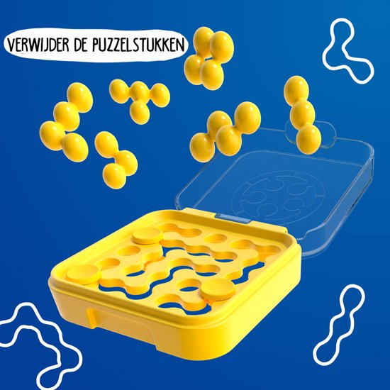 Geel spelbord met openingen, met gele puzzelstukken eromheen, met tekst 'VERWIJDER DE PUZZELSTUKKEN'.