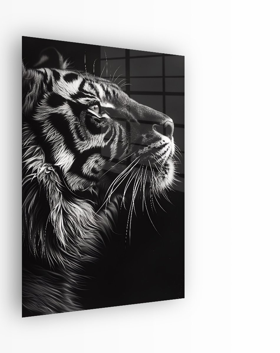 Indoorart Glasschilderij Tijger Zwart Wit 40x60 CM - Afbeelding op plexiglas - Inclusief montagemateriaal zwart, wit