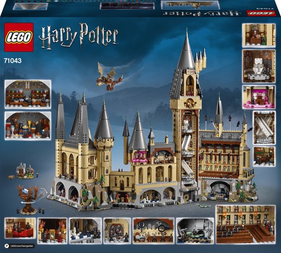 Doos met Lego Harry Potter Zweinstein 71043. Toont kasteel met torens, draak en mini-figuren. Zijaanzichten met interieurs en figuren.