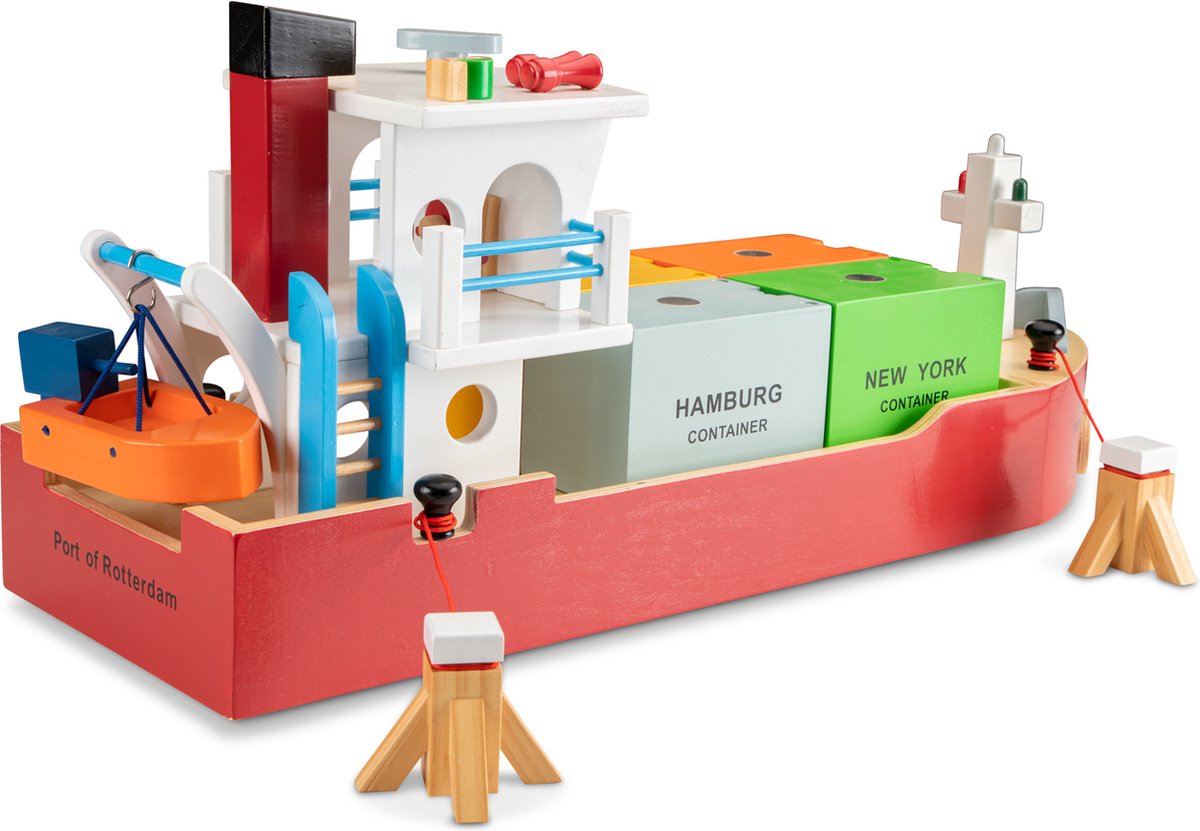 New Classic Toys® Grote Houten Speelgoed Containerboot - Inclusief 4 Containers — afbeelding 5