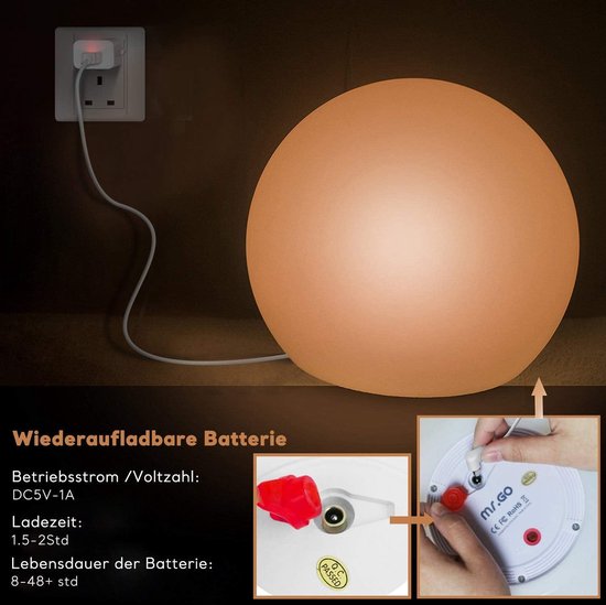 15cm Night Light Ball Lamp for Kids & Adult - RGB Colour Changing Mood Light with Remote Control - 16 Colors 8 Dimmable Brightness - USB Rechargeable Sphere Bedside Lamp - IP65 Waterproof — afbeelding 2