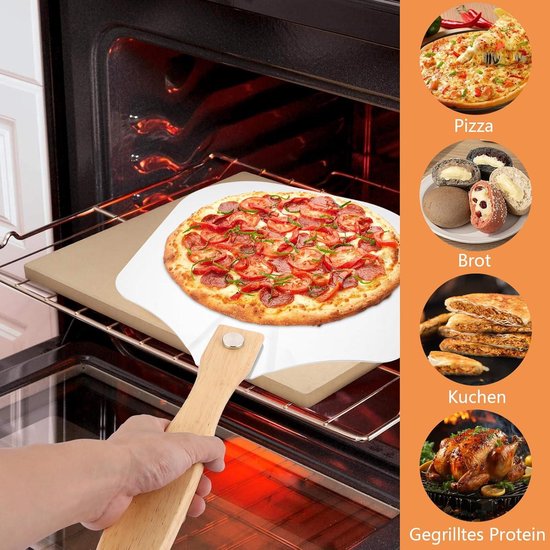 Pizzaschep met pizza uit een oven, met afbeeldingen van pizza, brood, taart en gegrilde kip.