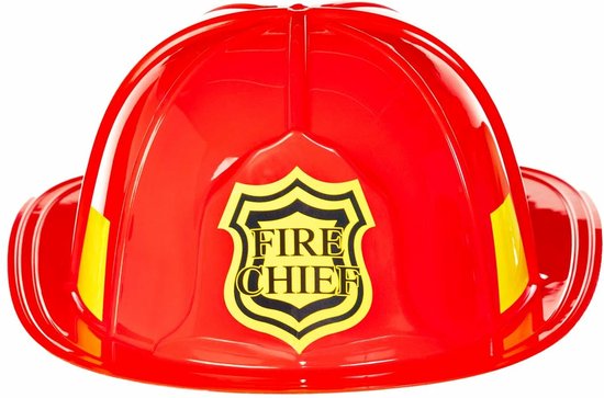 Rode brandweerhelm met 'FIRE CHIEF' embleem, en gele accenten.