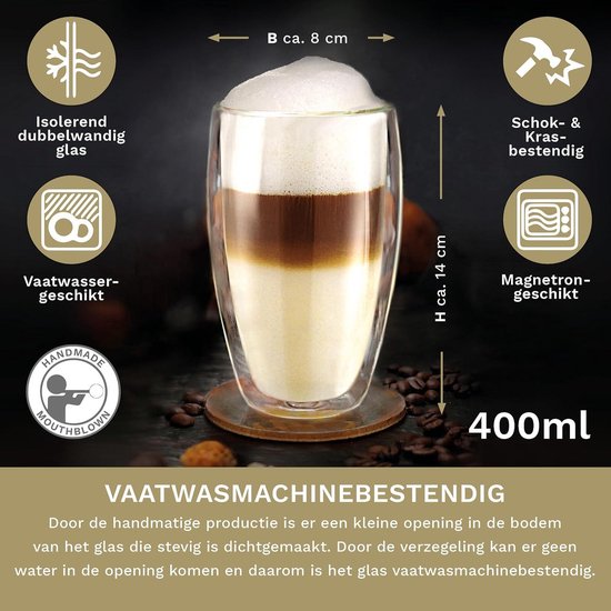 Feelino - Dubbelwandige thermoglazen Jumbo, 400 ml, gegolfd, houden lang warm of koud, voor cappuccino en latte macchiato, glas, set van 3-6 x 400 ml