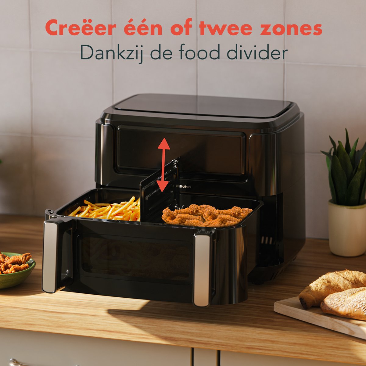 KitchenBrothers Dubbele Airfryer - PFAS-Vrij - 2400W - Dual Zone - 9L - Snackverdeler - Heteluchtfriteuse - Airfryer XXL - 10 Kookprogramma's - Zwart — afbeelding 5