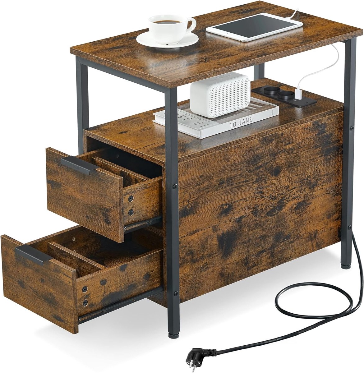 FurnStar - Bijzettafel - Nachtkastje met stekkerdoos - 2 Laden - Banktafel - Nachtkastje voor woonkamer - Slaapkamer - Vintage bruin + Inktzwart