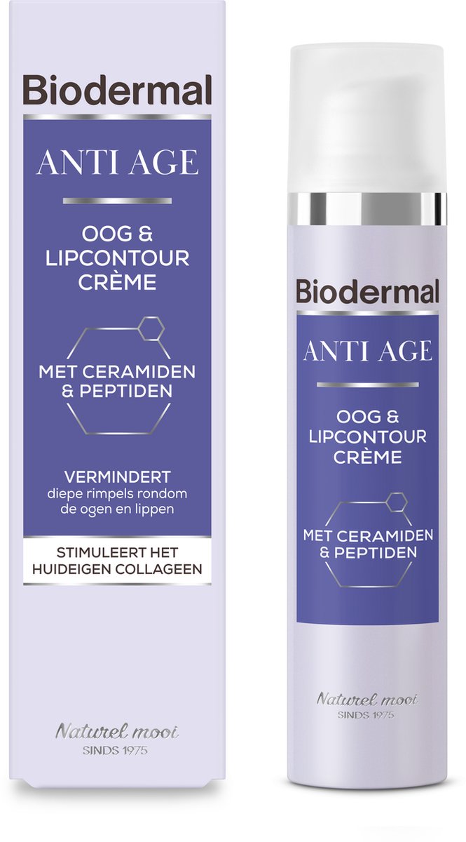 Bol.com Biodermal Anti Age Oog- & Lipcontour Crème, 15 ml - Oogcrème met Ceramiden en Peptiden, Vermindert diepe rimpels rondom ... aanbieding