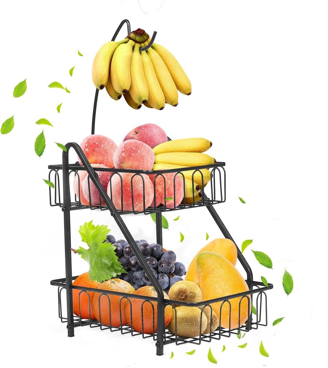 Fruitmand met 2 verdiepingen - Zwart fruitmand met bananenhouder.