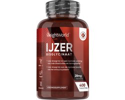 IJzer tabletten - 28 mg - 400 micro tabletten - Bisglycinaat voor optimale opname - 100% ADH - Laboratorium getest - Vegan IJzer supplement van WeightWorld