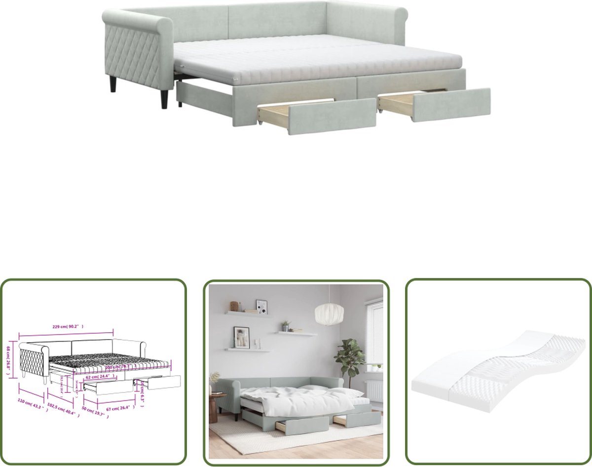 The Living Store Slaapbank Met Onderschuifbed - Lichtgrijs - 229x110x68 cm - Fluwelen bekleding