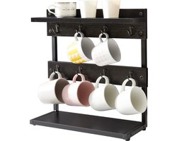 Rustieke 2 Tier koffiemokhouder standaard - Aanrecht mok boomhouder rek - Opbergbasis vintage mokhouders voor keuken - Houdt 8 mokken - Zwart TBJ002B koffie rek