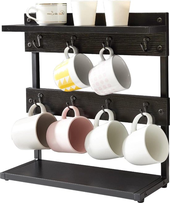 Rustieke 2 Tier koffiemokhouder standaard - Aanrecht mok boomhouder rek - Opbergbasis vintage mokhouders voor keuken - Houdt 8 mokken - Zwart TBJ002B koffie rek