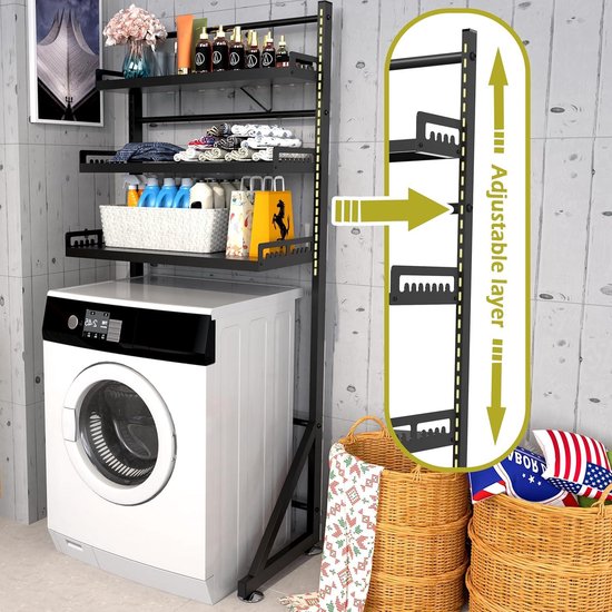 Supfirm 3-laags in hoogte verstelbaar wasmachine-opbergrek, badkamer groot opbergrek organizer voor ruimtebesparing (zwart