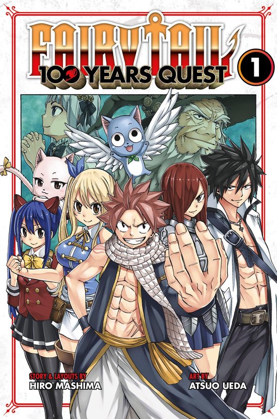 Fairy Tail: 100 Years Quest 1 manga cover met Natsu, Lucy, Erza, Gray, Wendy, Happy en andere personages.