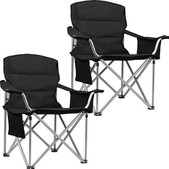 TRVLMORE Campingstoelen - Opvouwbaar - 2 Stuks - XL - Vouwstoelen - 150 kg draagvermogen - Drankhouder - Koelvak - Zijvak - Klapstoel - Zwart