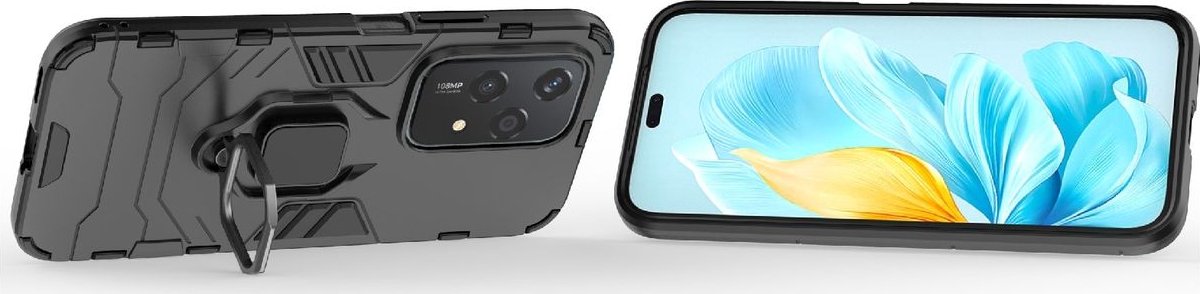 Mobigear Hoesje geschikt voor HONOR 200 Lite Telefoonhoesje Hardcase | Mobigear Armor Ring Backcover Shockproof met Ringhouder | Schokbestendig 200 Lite Telefoonhoesje | Anti Shock Proof - Zwart