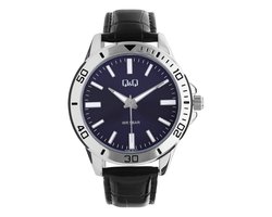 Q&Q Q28B-007PY - Horloge - Analoog - Heren - Mannen - Leren band - Rond - Metaal - Zwart - Zilverkleurig - DonkerBlauw - 5 ATM