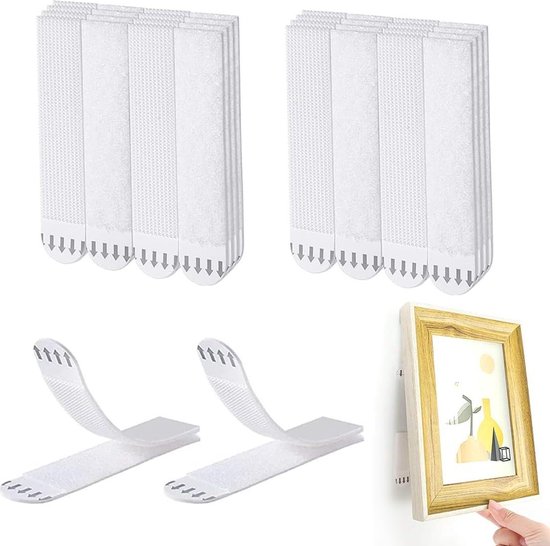 Grote plakspijker voor fotolijsten, 8 spijkers en 12 plakstrips, powerstrips-haken, afneembaar, afbeeldingen ophangen zonder boren, zelfklevende posterstrips, beschadigde fotohaken
