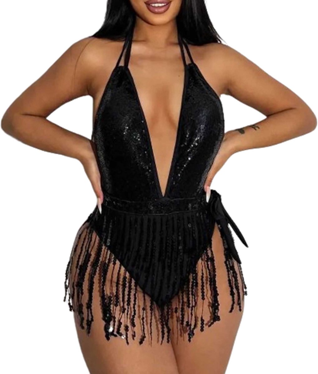 Goedkoopste Zwart Paillet Badpak Dames – Haltermodel – Strandkleding – Sexy Festival Outfit