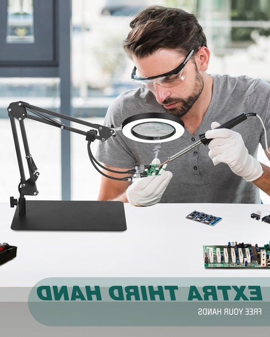 Vergrootglas met licht en standaard - 10X&5X - derde hand bureaulamp - grote voet en klem - 3 kleurmodi - traploos dimbaar - loeplamp met led verlichting - hobby ambachten - vergrootglas op standaard. Vergrootglas met licht