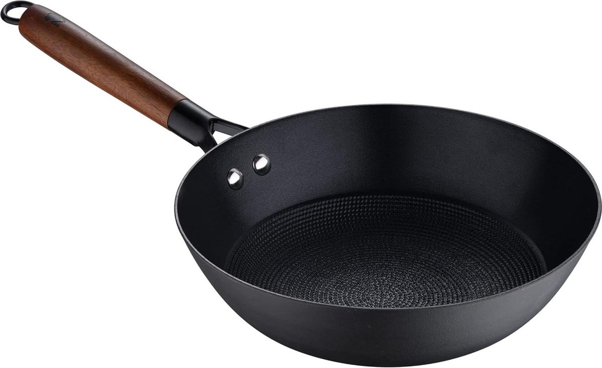 Wokpan inductie Odin antiaanbaklaag geperst ijzer ergonomisch handvat acaciahout 24 x 44 x 75 cm alle warmtebronnen Wokpan inductie