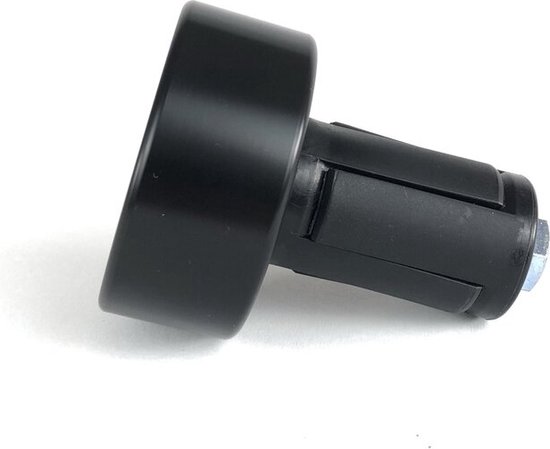 Zwarte ronde reflector met een metalen schroef, gemonteerd op een uitbreidbaar deel.