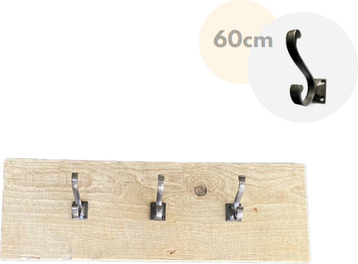 Wandkapstok - Kapstok - 3 haken - Wandplank - Kapstok dubbele haak gietijzer - Steigerhout - 60 cm
