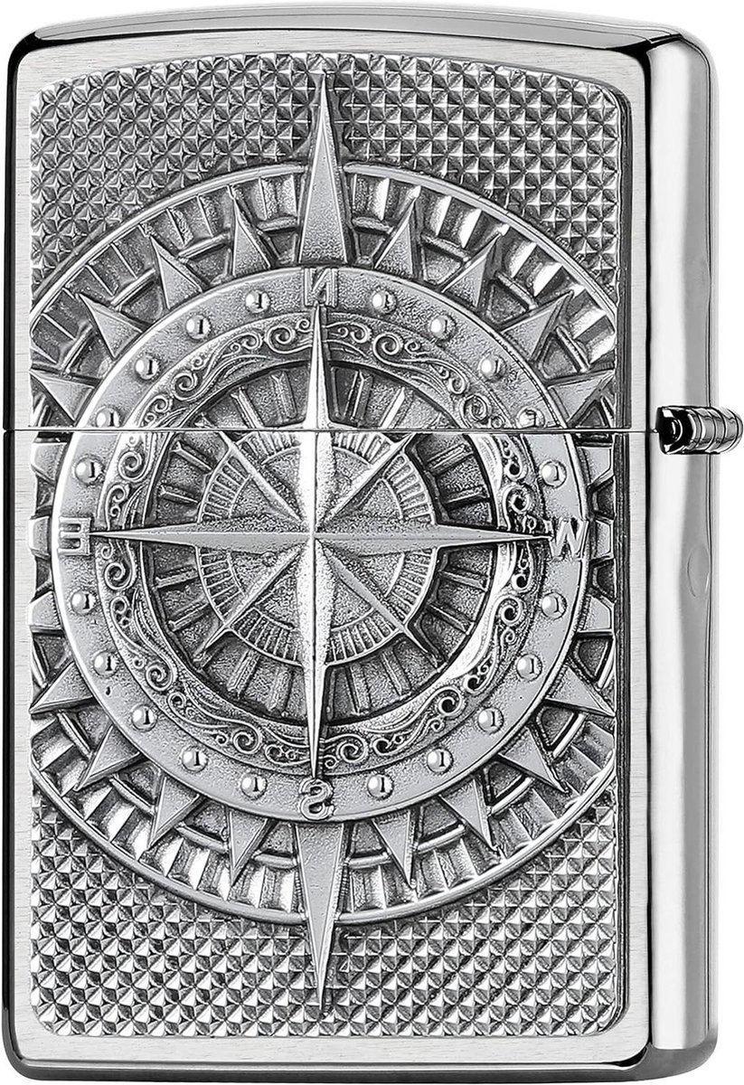 Goedkoopste Geborsteld chroom Kompasmodel - embleem bevestigd - winddichte aansteker navulbaar in hoogwaardige geschenkdoos