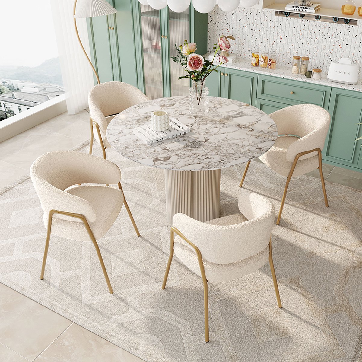 KOMHTOM Eetkamerstoel Spraygold lamsvel met goudkleurige afwerking en witgouden poten 4 Stoel