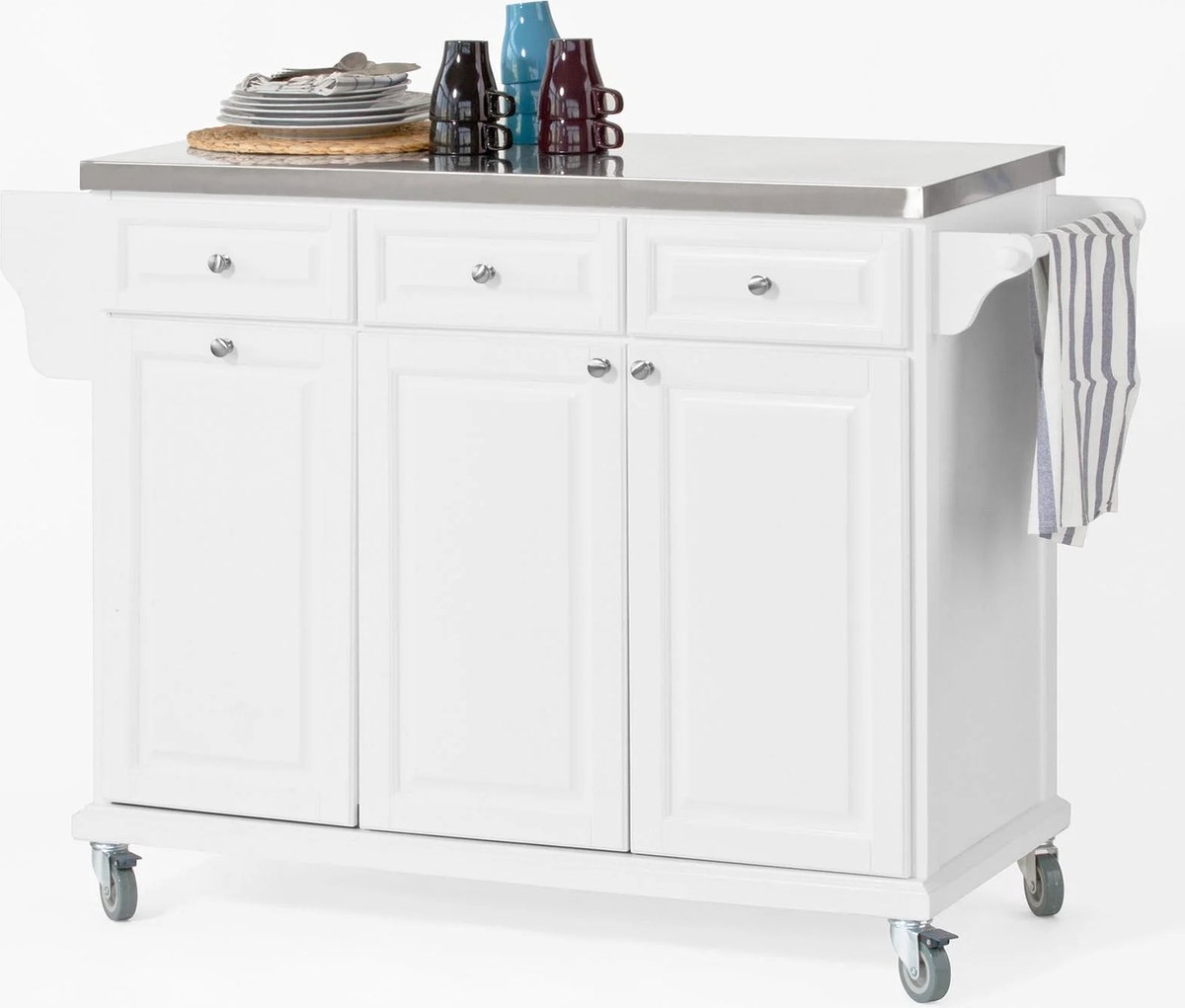 Keukeneiland - Verplaatsbaar - Keukenkast - Dressoir - Organizer - Kasten - Metalen Werkblad - 3 Deuren - Wit