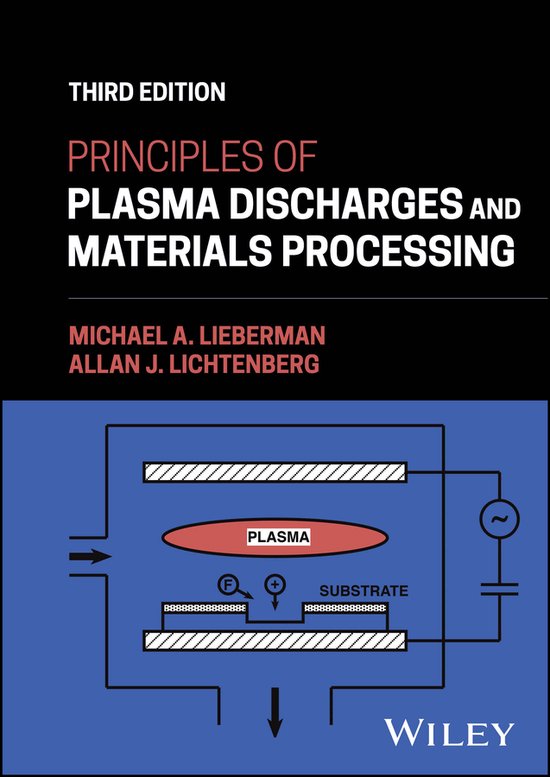 Derde editie 'Principles of Plasma Discharges and Materials Processing' met een blauwe diagramillustratie van een plasma reactor.