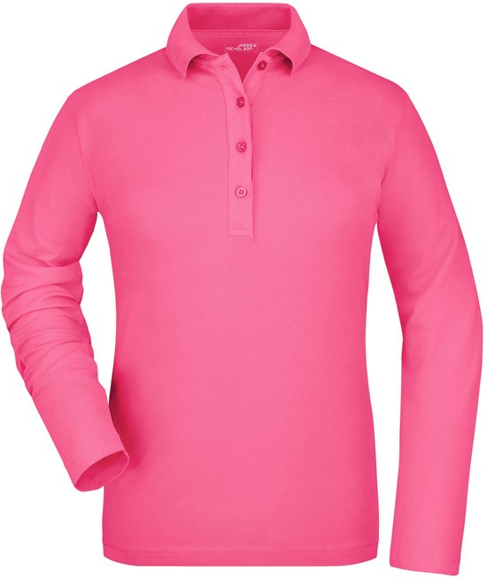 Felroze dames poloshirt met lange mouwen, kraag en knoopjes.