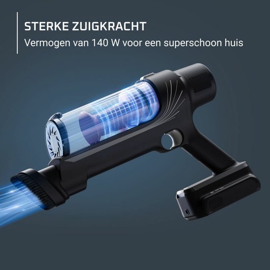 Zwarte kruimeldief met krachtige zuigkracht, 140 W, met blauwe stofwervelingen.