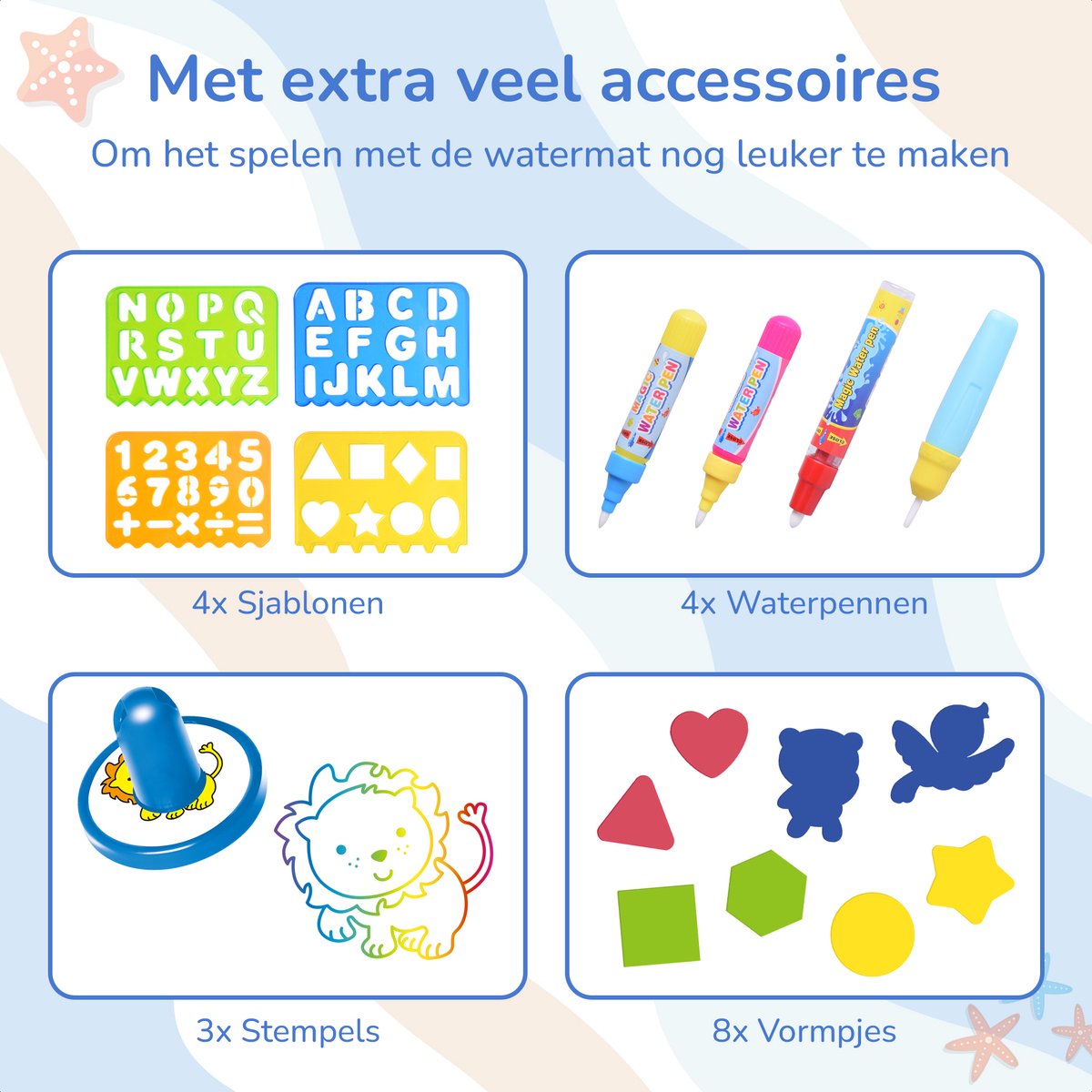 Water Tekenmat met 18 Accessoires - Met 4 Waterpennen - Speelgoed 2 Jaar - Speelgoed 3 Jaar - Speelgoed 4 Jaar - Speelgoed 5 Jaar - Montessori Speelgoed - Educatief Speelgoed - Jongens Speelgoed - Meisjes Speelgoed - Kinderspeelgoed — afbeelding 7