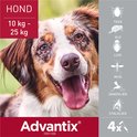 Advantix spot-on solution voor honden 10-25 kg, met een vrolijke hond die kwispelt en zijn tong uitsteekt.