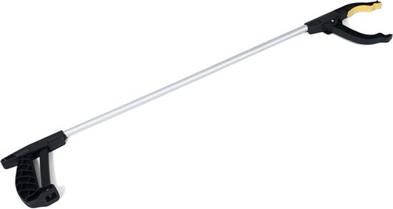 Zilverkleurige afvalgrijper met zwart handvat en grijper, met gele accenten op de grijperbekken.
