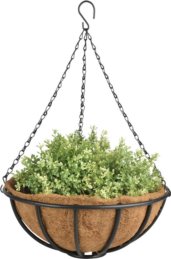 Ronde metalen hangmand met kokosvoering en kettingen, gevuld met groene planten.