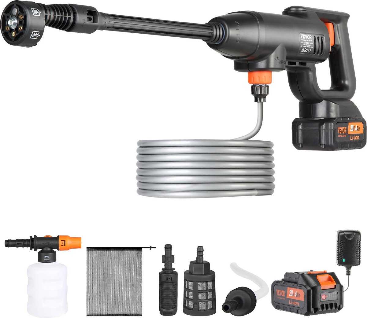 Vevor Accu Hogedrukreiniger 220W 21V Draadloze Waterdrukreiniger 40bar met Spuitpistool 4L min voor Mobiele Reiniging en Irrigatie Inclusief Accessoires en Oplader