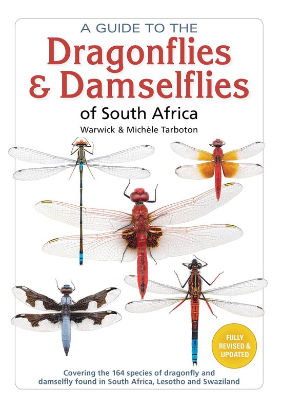 Boekomslag 'A Guide to the Dragonflies & Damselflies of South Africa' met vijf illustraties van libellen en waterjuffers.