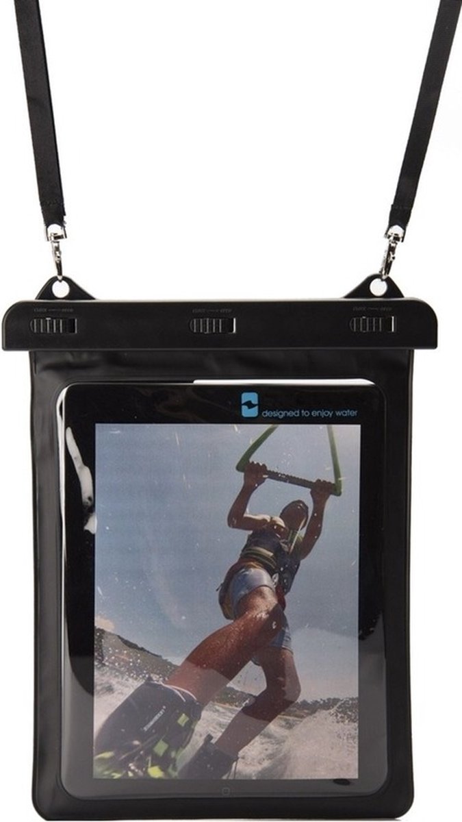 Zwarte waterproof hoes voor 10,5 inch tablets - Met halskoord - Tablethoesjes waterbestendig