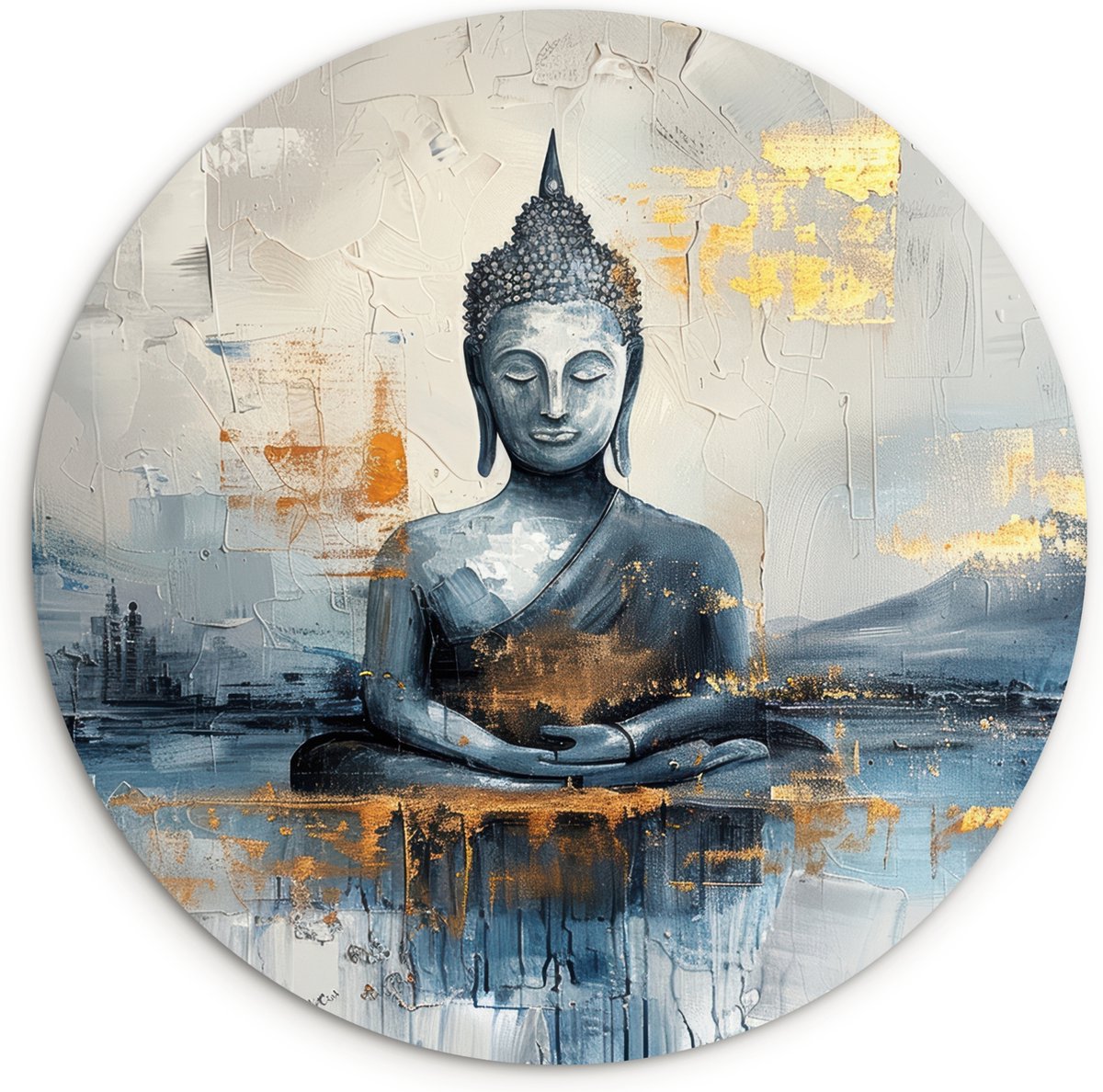 WallCircle Wandcirkel 120x120 cm - Muurcirkel Buddha - Goud - Abstract - Modern - Kunst - Verf - Chakra - Muurdecoratie woonkamer - Wanddecoratie slaapkamer - Kamer decoratie accessoires - Ronde schilderijen - Woonaccessoires binnen Buddha - Abstract
