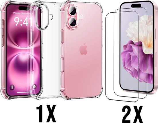 Casemania Hoesje + Glas Geschikt voor Apple iPhone 16 - Transparant - Anti Shock Back Cover & 2x Glazen Screenprotector