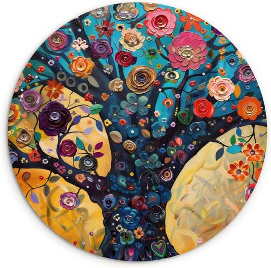 Cercle mural WallCircle® 140x140 cm - Arbre - Arbre de Vie - Coloré - Fleurs - Moderne - Abstrait - Nature - Décoration murale salon - Décoration murale chambre - Accessoires de décoration - Tableau rond à l'intérieur