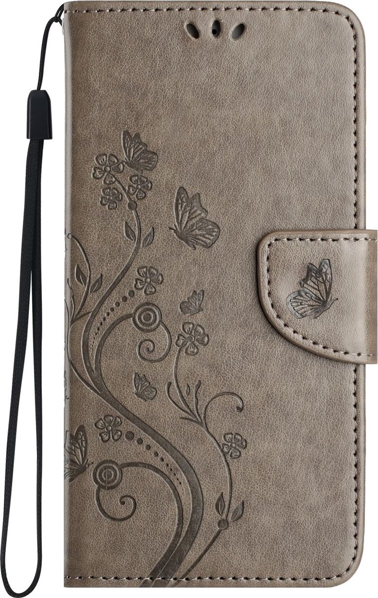 Mobigear Telefoonhoesje geschikt voor Apple iPhone 16 Pro Max Hoesje | Mobigear Flowers Bookcase Portemonnee | Pasjeshouder voor 2 Pasjes | Telefoonhoesje voor Pinpas / OV Kaart / Rijbewijs - Grijs
