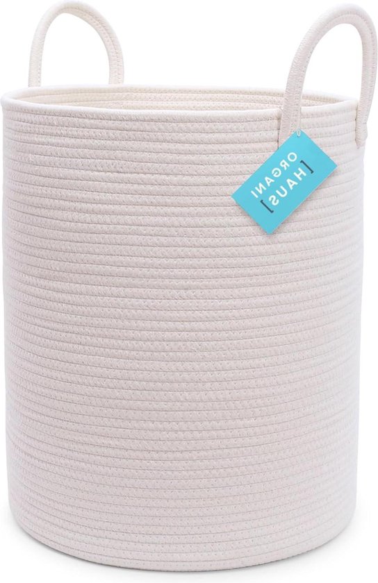 Geschenkmand, lege, gevlochten mand van katoenen touw, presentatiemand met geschenkfolie en strik, opbergmand voor babyshower, verjaardag, bruiloft, Kerstmis, Pasen, mand voor geschenken, wit