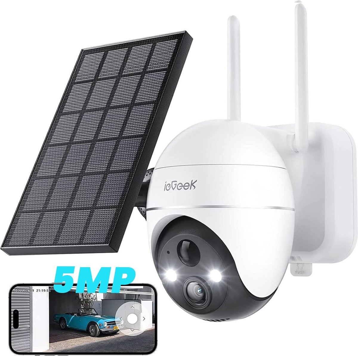 IeGEEK 5MP Beveiligingscamera's Draadloos Buiten Zonnecamera Buiten Draadloos WiFi 360° PTZ Op Batterijen Met Spotlight & Sirene Bewegingsdetectie Kleuren Nachtzicht 2-Weg Audio IP65 Werkt met Alexa